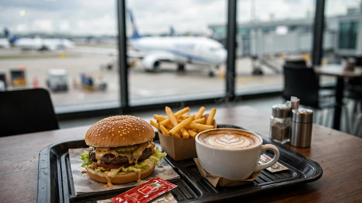 Restaurangbord på flygplats med hamburgare och kaffe