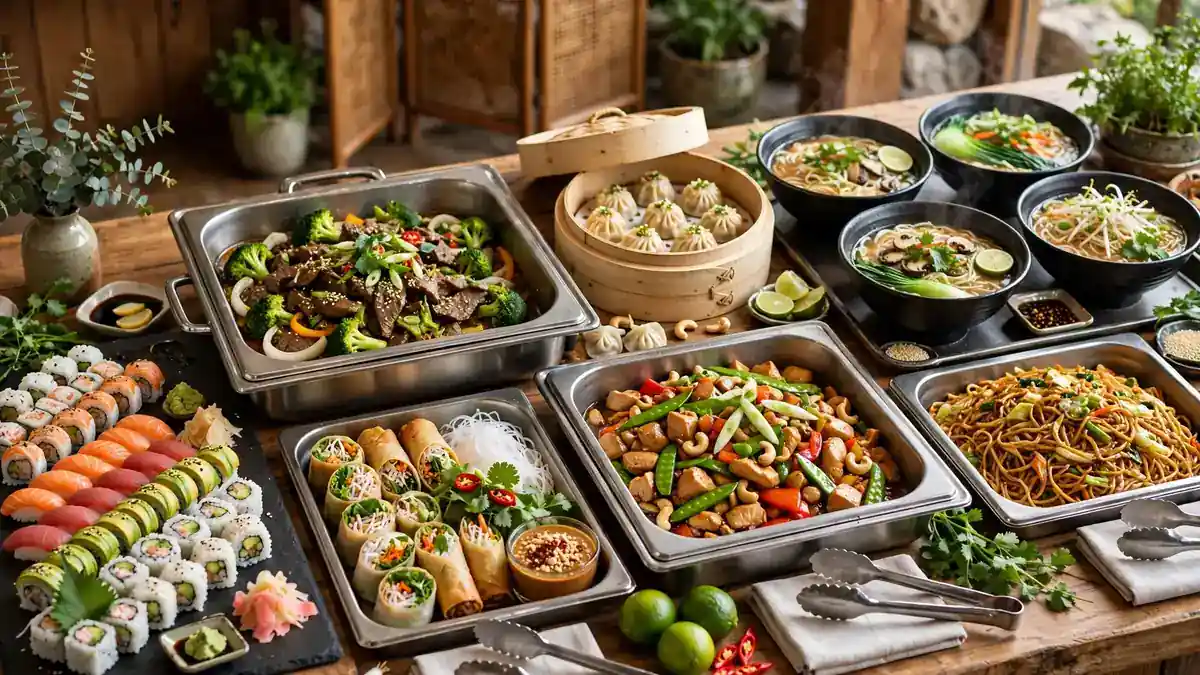 Asiatisk buffé med sushi, wokade varmrätter, dim sum och sallader på ett buffébord