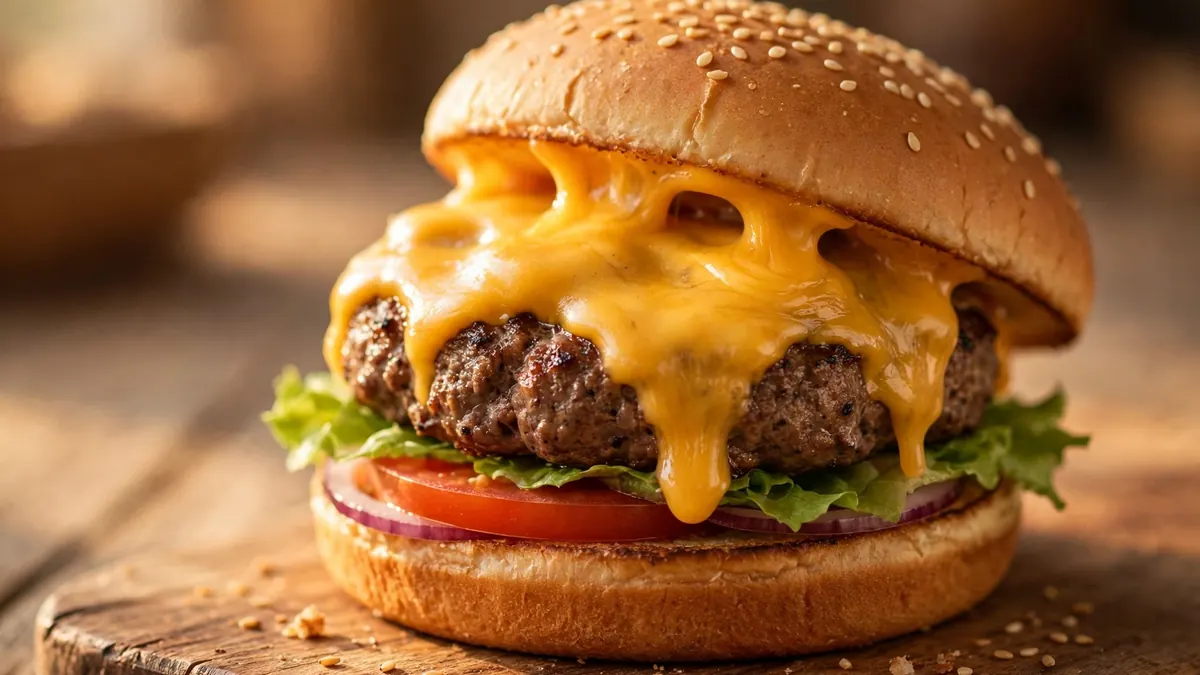 Klassisk cheeseburgare med smält cheddar på träbräda – billigaste hamburgaren i Sverige