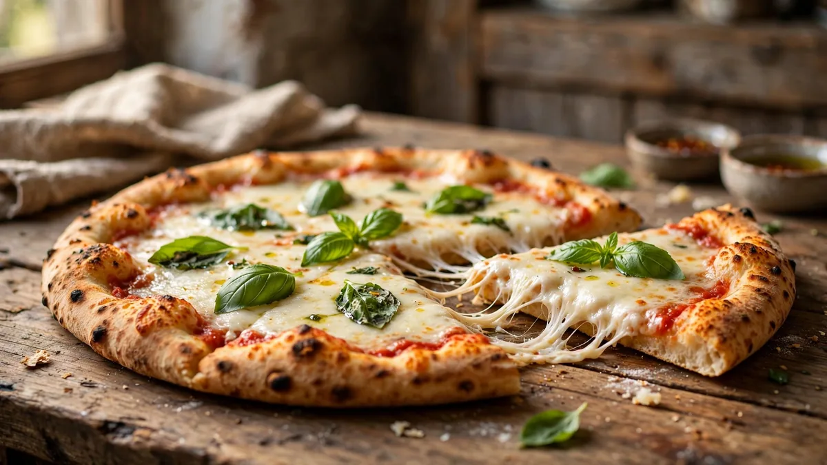 Margherita med smält mozzarella på träbord – billigaste pizzan i Sverige 2026