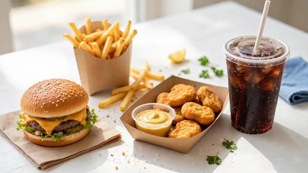 Billig snabbmat på bord – cheeseburgare, pommes och nuggets