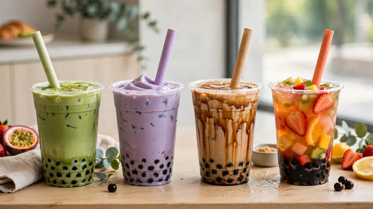 Bubble tea i olika smaker med tapiokapärlor, matcha och fruktte på ett cafébord