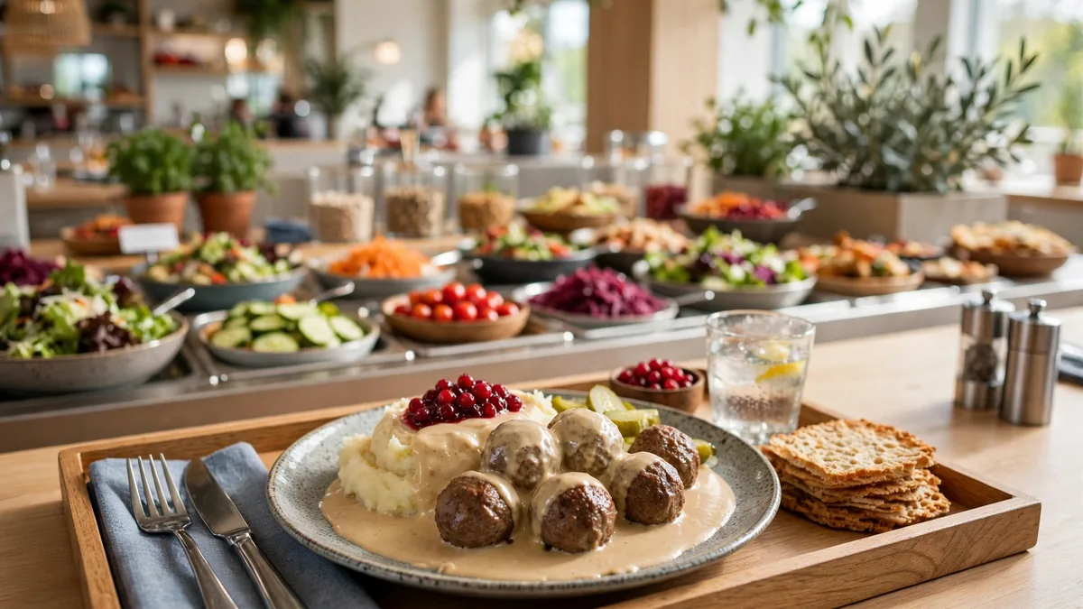 Dagens lunch i Sverige – husman med salladsbuffé, bröd och kaffe på en lunchrestaurang
