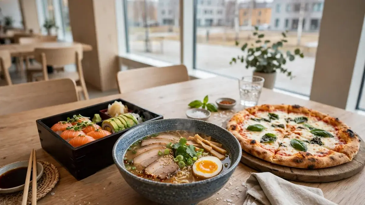 Dagens lunch i Umeå – pizza, sushi och bentoboxar på lunchbordet