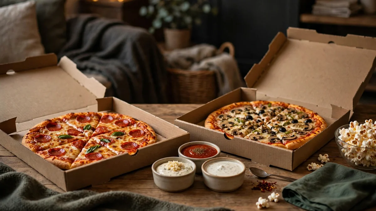 Pepperonipizza från Domino's på ett bord med dippar bredvid – Domino's kuponger och erbjudanden 2026