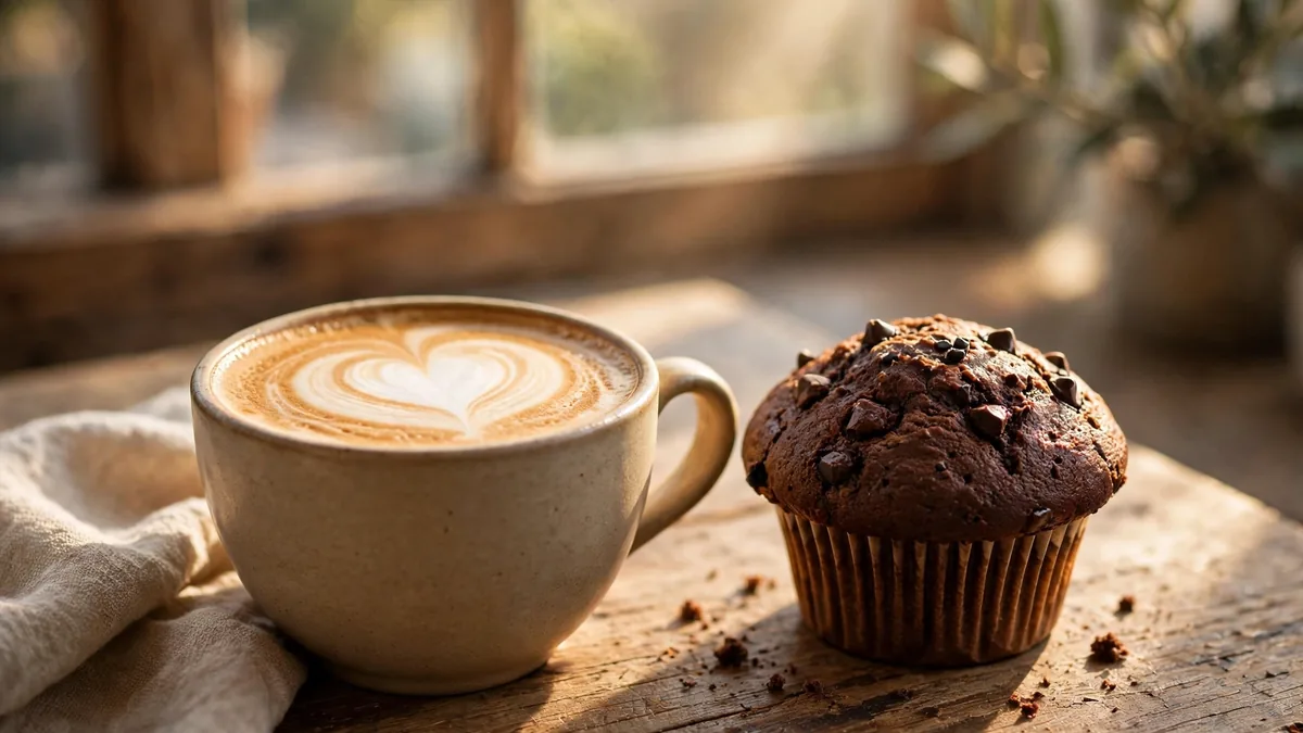 Latte med hjärtmönster och chokladmuffin – Espresso House erbjudanden 2026