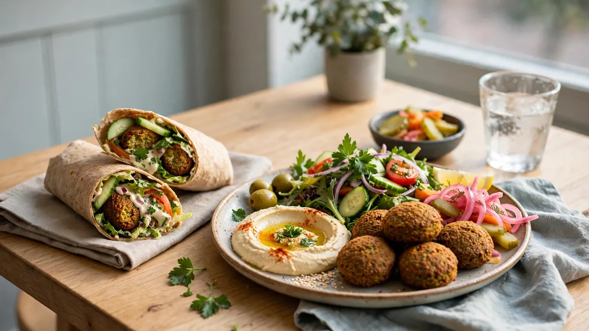 Falafelrulle och falafeltallrik med hummus, sallad och pitabröd hos en svensk falafelspecialist