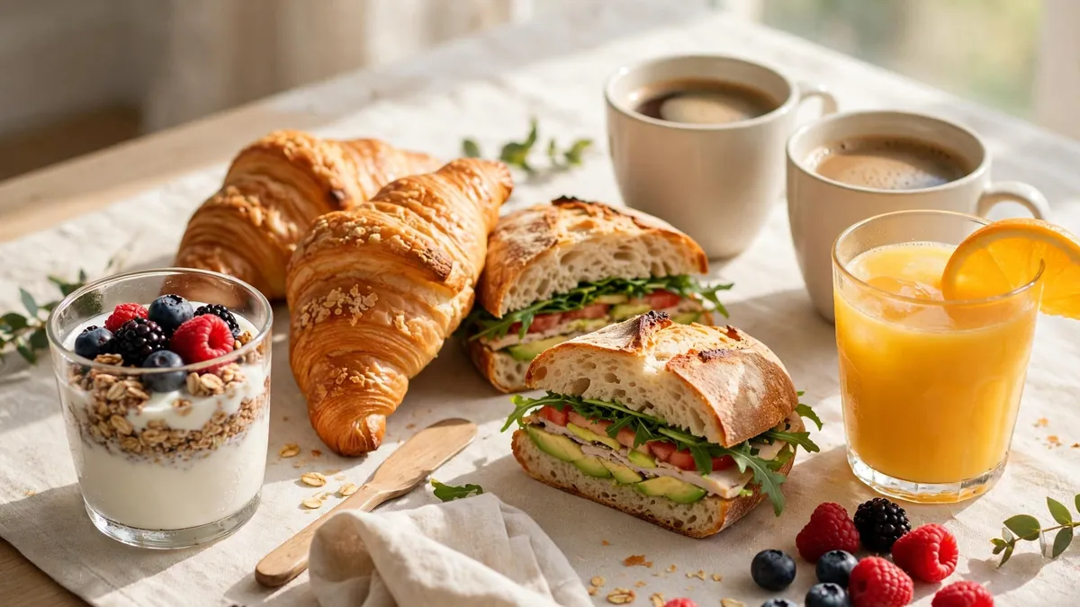 Frukostbuffé med croissanter, mackor, yoghurt och kaffe