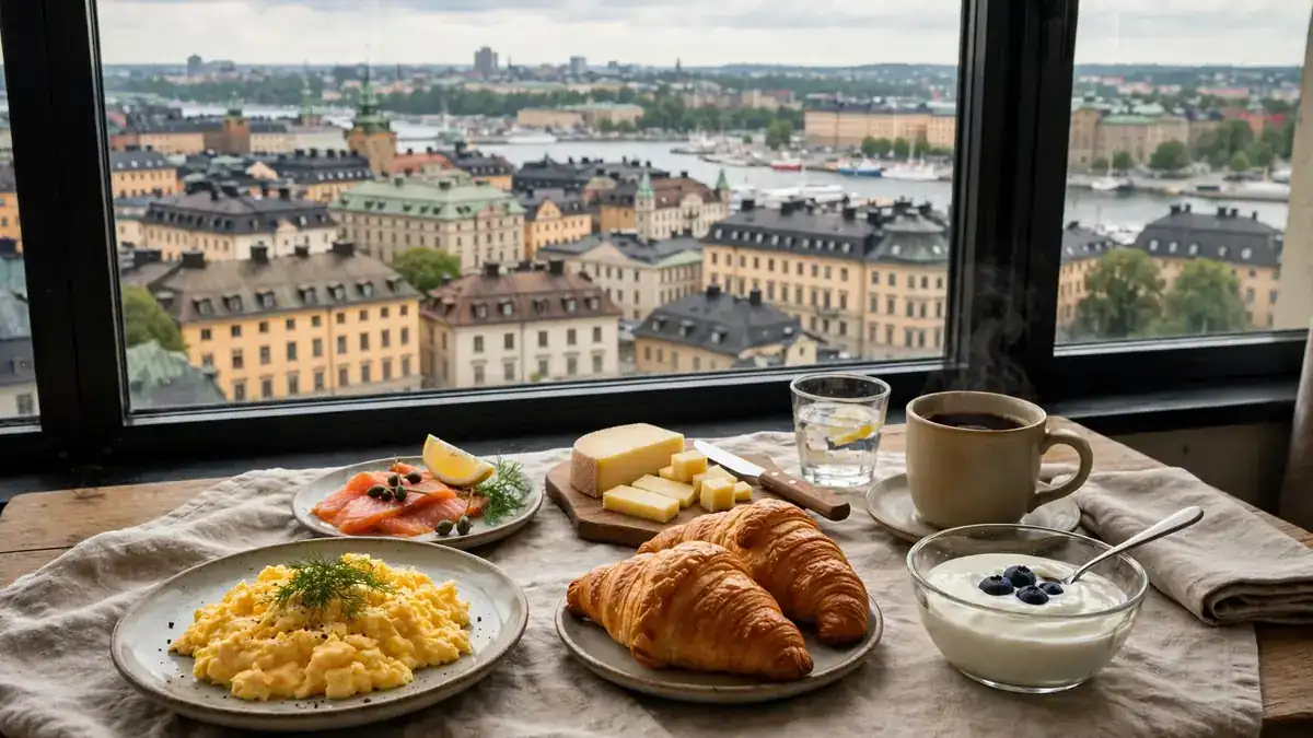 Frukost i Stockholm – hotellfrukost med ägg, bröd och kaffe på dukat bord
