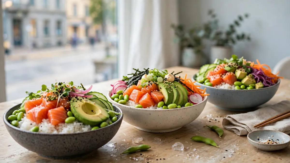 Poké bowls med lax, avokado, mango och ris på ett bord hos Hawaii Poké