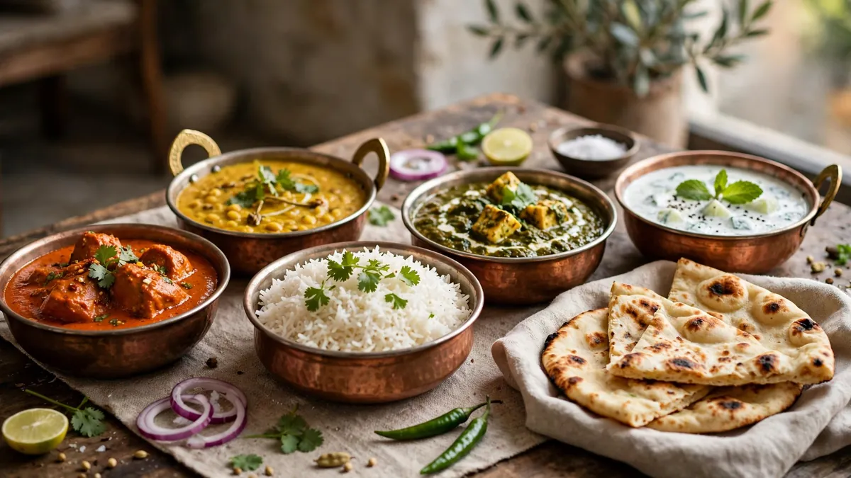 Indiska curryrätter, naanbröd och biryani på ett restaurangbord
