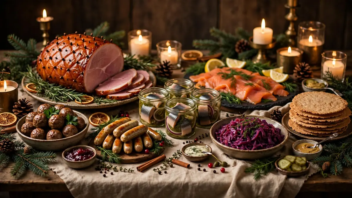 Klassiskt svenskt julbord i Malmö med sill, lax, julskinka och köttbullar