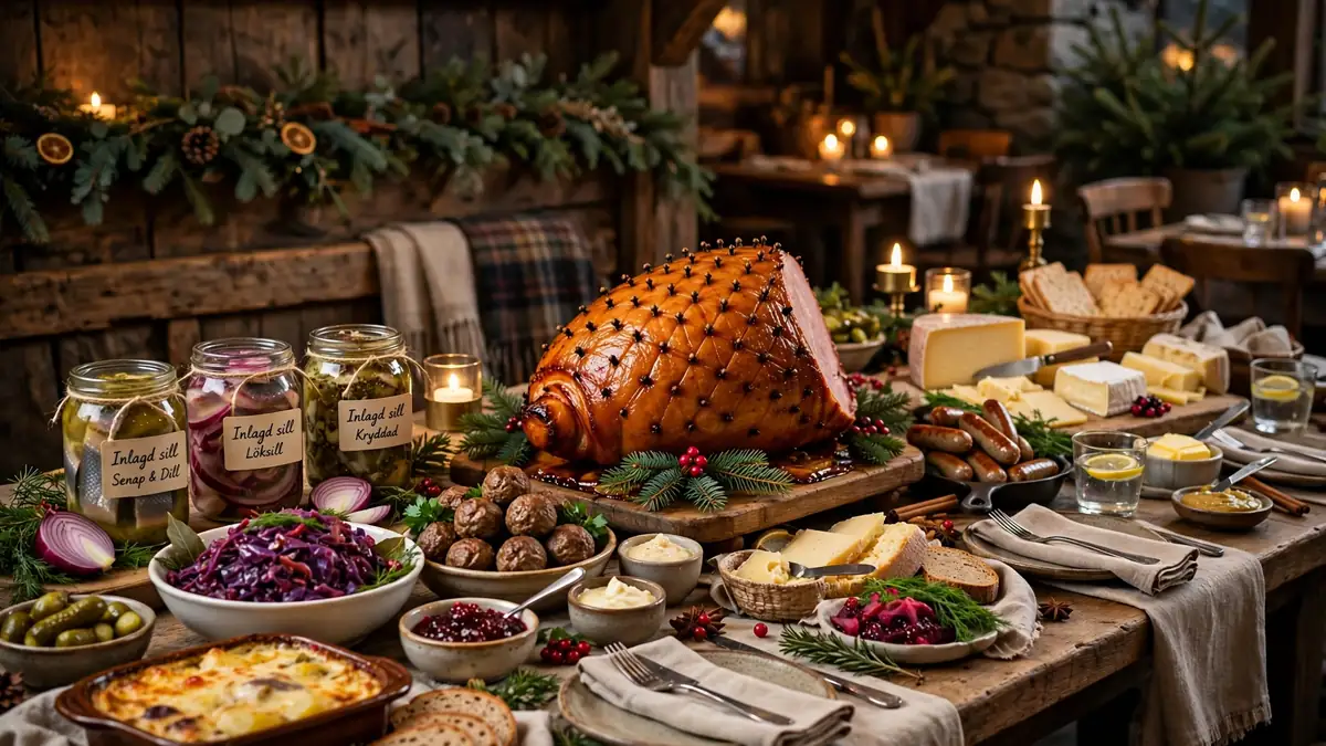Traditionellt svenskt julbord med sill, lax, julskinka och köttbullar – julbord priser 2026
