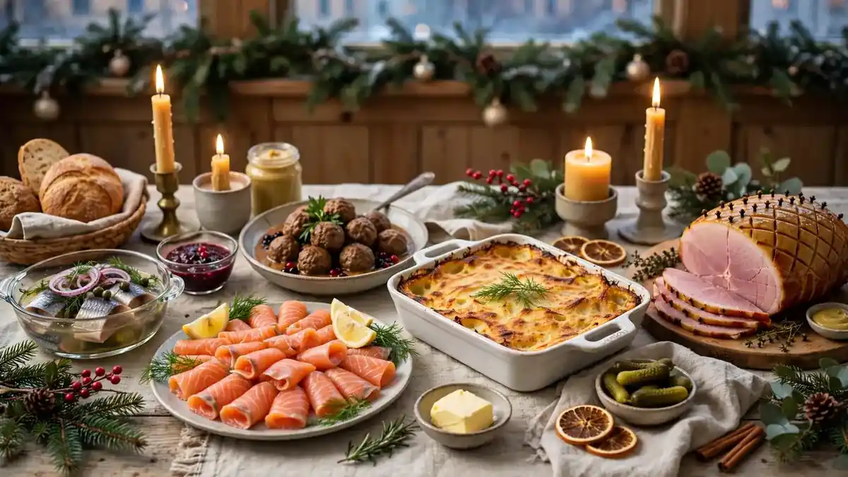 Klassiskt svenskt julbord i Stockholm med sill, lax, julskinka och köttbullar