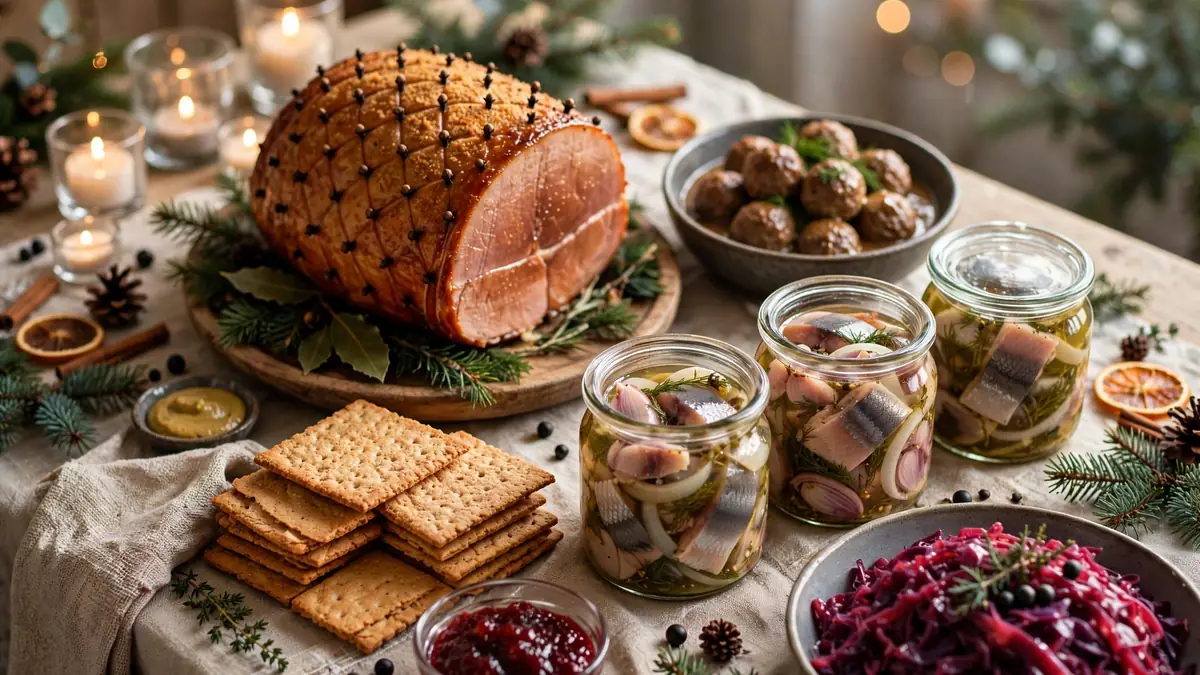 Julbord i Uppsala med sill, julskinka, köttbullar och prinskorv på ett dukat bord