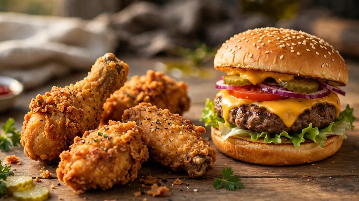 Krispiga kycklingbitar bredvid en cheeseburgare på träbord – KFC vs McDonald's priser 2026