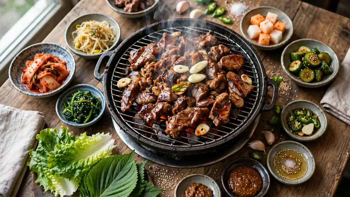 Koreansk mat – bibimbap, kimchi och grillat kött på ett bord