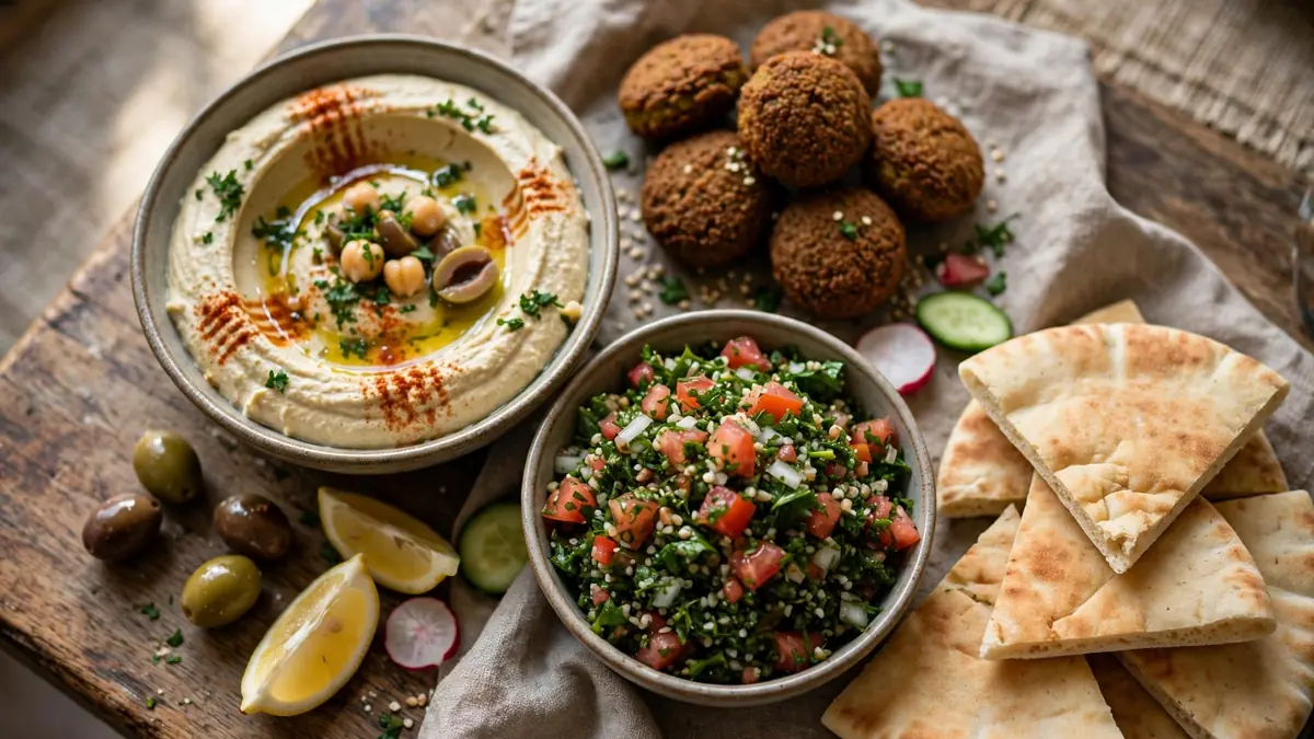 Libanesisk meze och grillat med hummus, falafel, tabbouleh och grillspett på ett restaurangbord