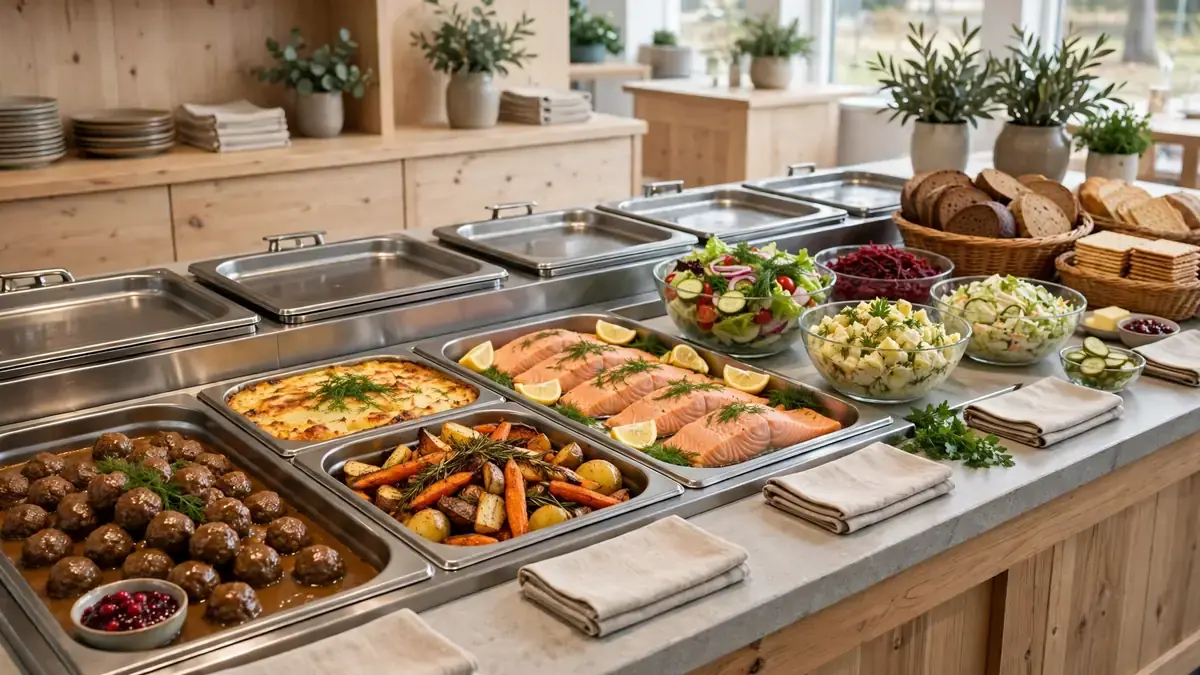 Lunchbuffé i Sverige – varm mat, sallader och bröd uppdukat på ett buffébord