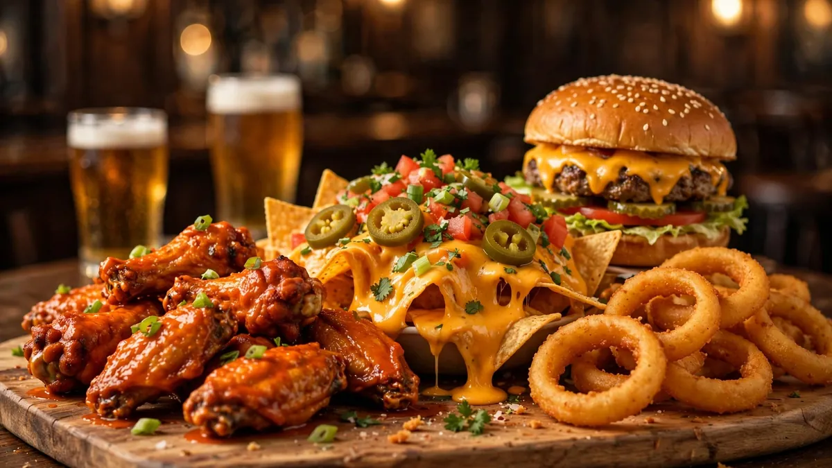 Sportbarsmat: burgare, wings och nachos på träbricka