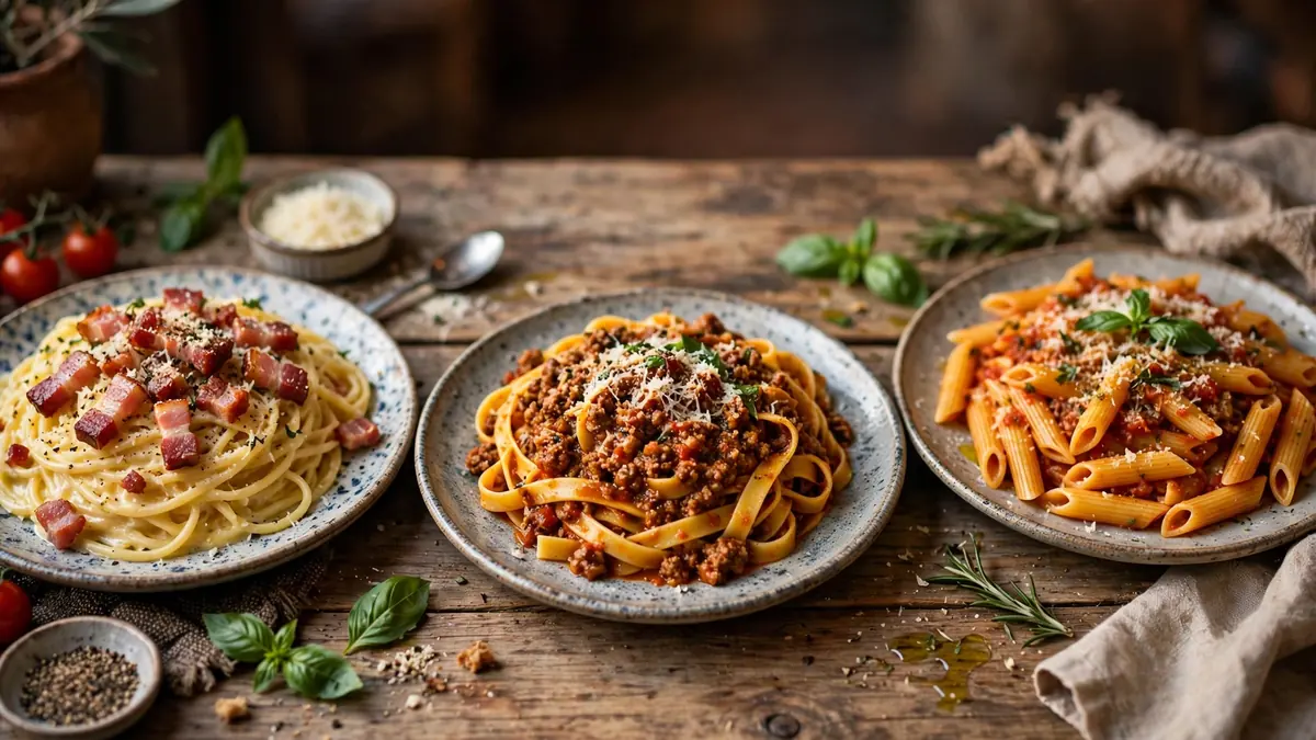 Pastarätter med carbonara, tagliatelle och penne på ett italienskt restaurangbord