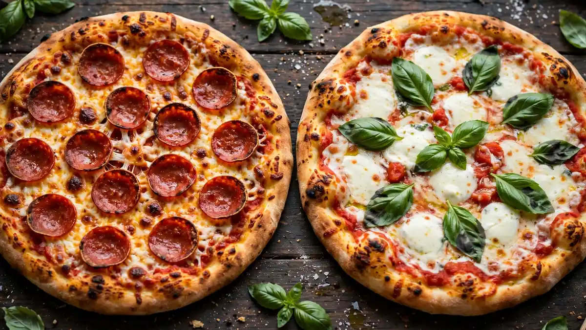Två pizzor sida vid sida på ett mörkt träbord – en med pepperoni och en margherita med smält ost