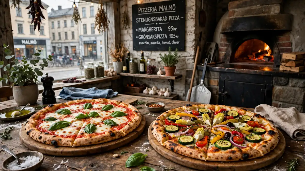 Pizza i Malmö – klassisk svensk pizza med tomatsås och ost på tallrik