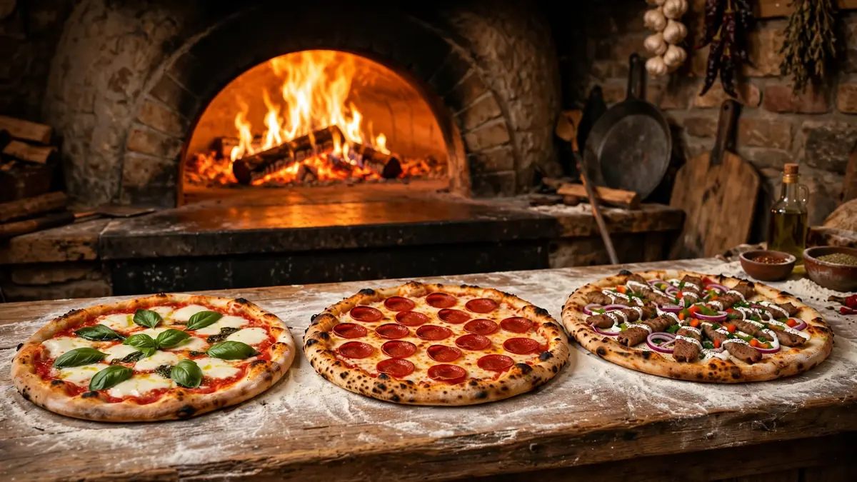 Tre olika pizzor framför vedugn – pizzakedjor i Sverige 2026