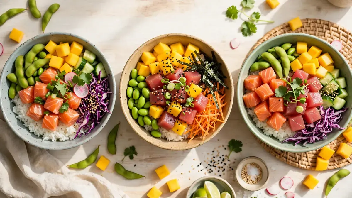 Poké bowl med lax, avokado, edamamebönor, mango och ris i en skål