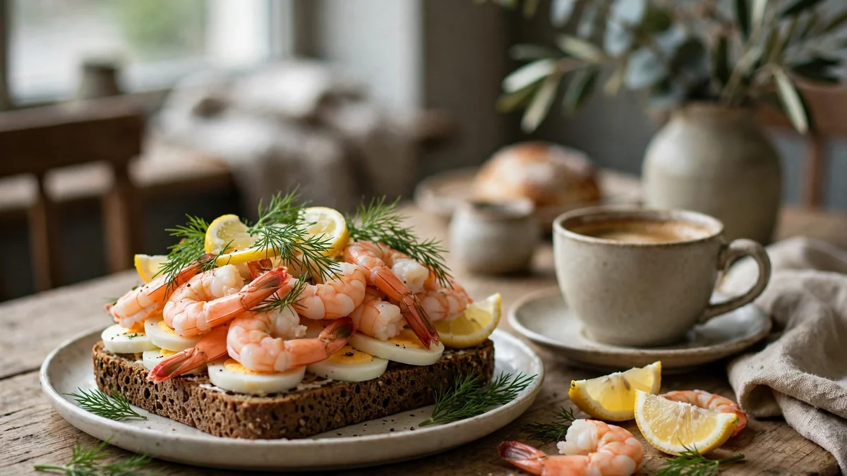 Räksmörgås med handskalade räkor, ägg, majonnäs, citron och dill på rågbröd