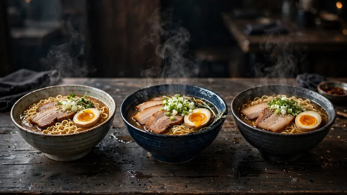 Ramen pris – ångande skål med nudlar, chashu och ägg på en ramenbar
