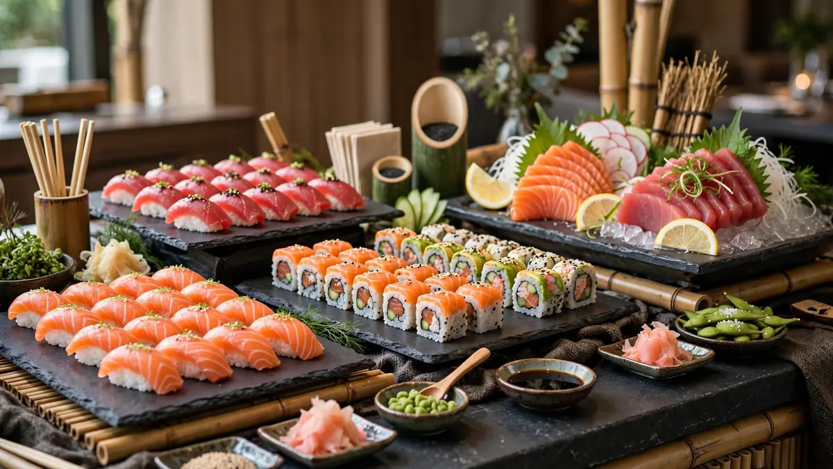 Sushibuffé med nigiri, maki och asiatiska varmrätter på ett buffébord