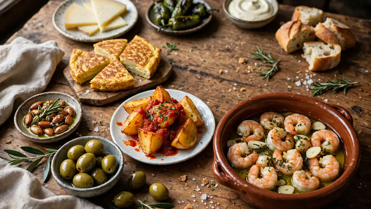 Spanska tapas med patatas bravas, gambas al ajillo, croquetas och jamón på ett restaurangbord