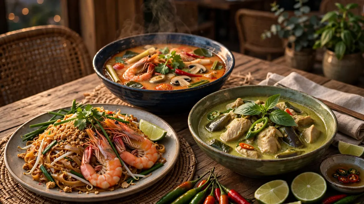 Thailändska rätter med pad thai, grön curry, tom yam och basilika på ett restaurangbord