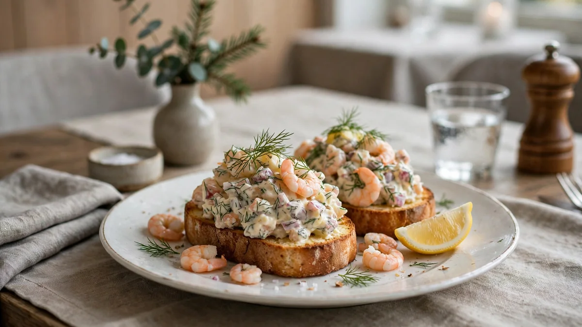 Toast Skagen med handskalade räkor, skagenröra, löjrom och citron på smörstekt bröd