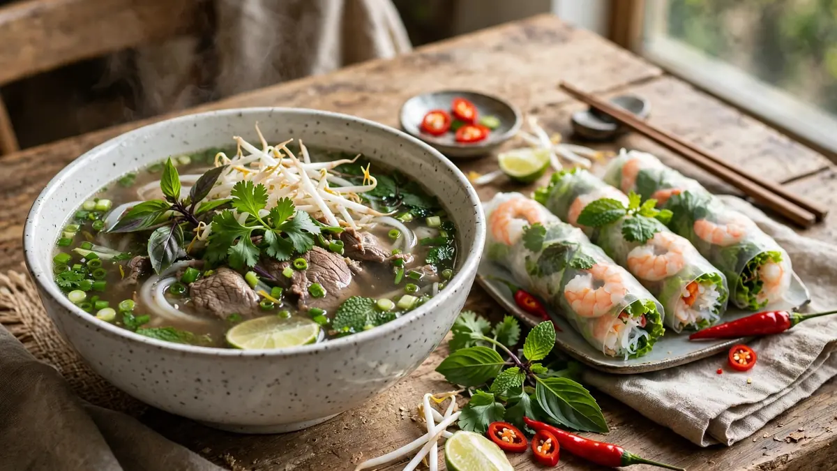 Vietnamesisk phở med färska örter, sommarrullar och nudelrätter på ett restaurangbord