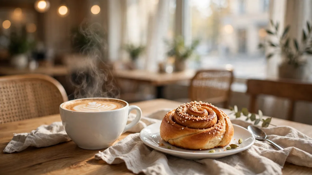 Cappuccino med latte art och kanelbulle på cafébord – Wayne's Coffee prisguide 2026